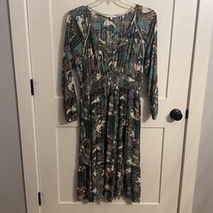 Kate & Sam Dress Sz L Multicolor Paisley Rayon Smocked Fit & Flare Midi Boho